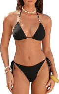 Women Two Piece Halter Bikini Set Textured Triangle Top Tie Back Side Bottom Sexy Swimwear Cute Summer Bathing Suit
