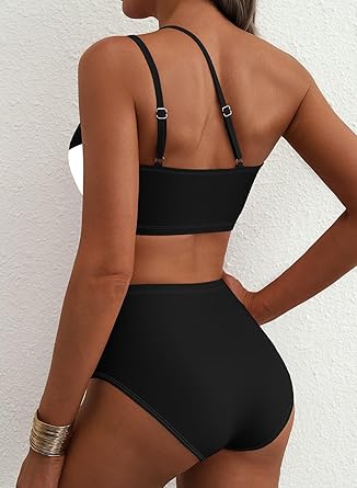 Women's High Waisted Bikini Sets One Shoulder Floral Print Swimsuits 2 Piece Tummy Control Bathing Suits