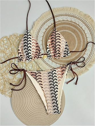 Women's Triangle Halter Bikini Set Tie Side String Swimsuit Striped Two Piece Bathing Suit