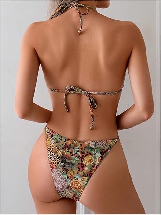 Women's 2 Piece Leopard Floral Bikini Sets Ring Triangle Halter Bathing Suit Tie Back Swimsuit