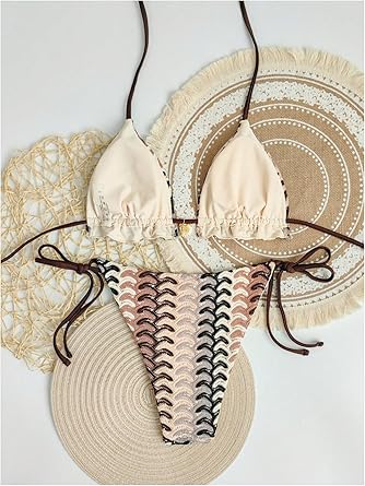 Women's Triangle Halter Bikini Set Tie Side String Swimsuit Striped Two Piece Bathing Suit