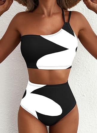 Women's High Waisted Bikini Sets One Shoulder Floral Print Swimsuits 2 Piece Tummy Control Bathing Suits