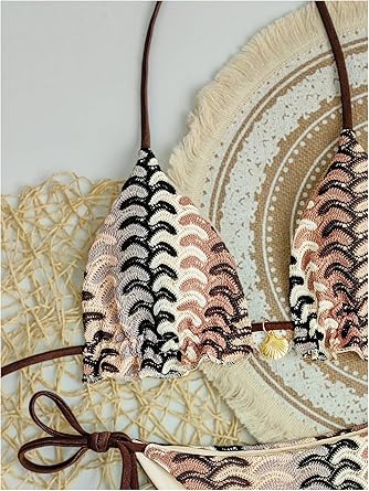 Women's Triangle Halter Bikini Set Tie Side String Swimsuit Striped Two Piece Bathing Suit