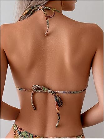 Women's 2 Piece Leopard Floral Bikini Sets Ring Triangle Halter Bathing Suit Tie Back Swimsuit