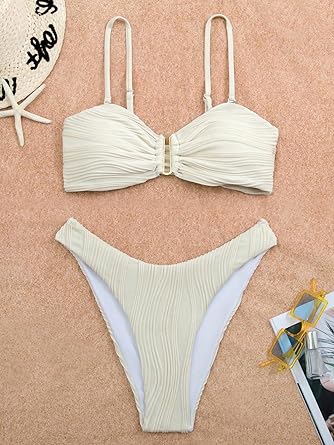 Women's Ribbed Bikini Sets U Wire Adjustable Spaghetti Straps Swimsuit Textured Ruched Two Piece Bathing Suit